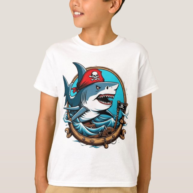 Cute pirate shark on a boat  T-Shirt (Front)