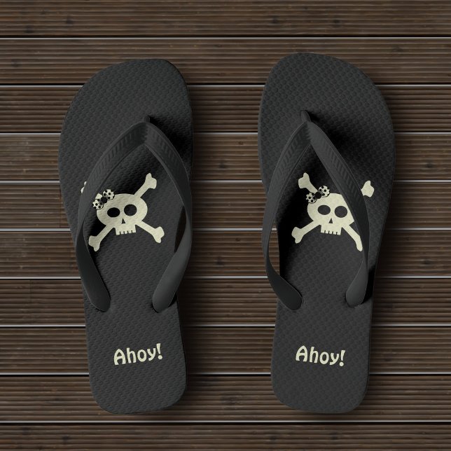 Cute Pirate Skull and Crossbones Custom Ahoy Black Jandals (☠️Ahoy! Set sail for adventure in these cute pirate flip flops ☠️)