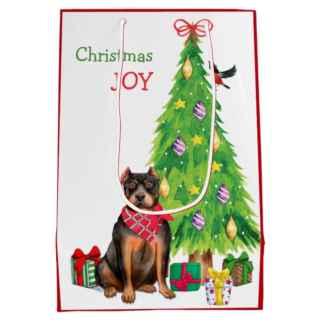 Cute Pit Bull and Christmas Tree Medium Gift Bag (Back)