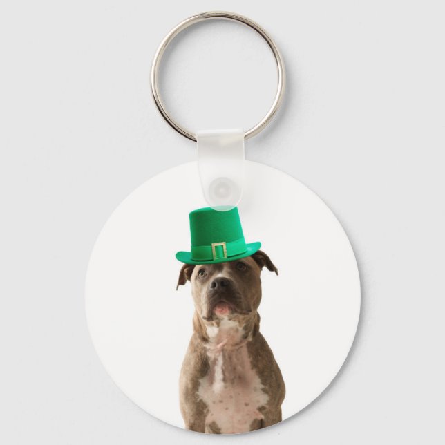 Cute Pit Bull Dog Hat St. Patrick's Day Key Ring (Front)