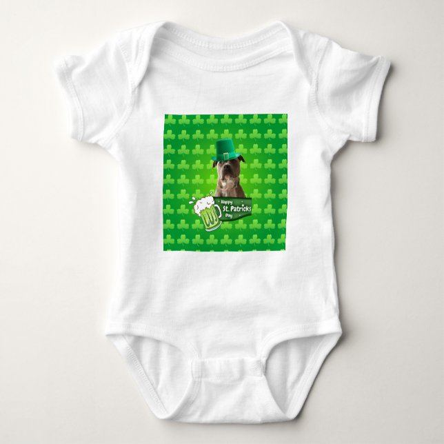 Cute Pit Bull Dog Hat St. Patrick's Day w Clovers Baby Bodysuit (Front)