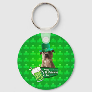 Cute Pit Bull Dog Hat St. Patrick's Day w Clovers Key Ring