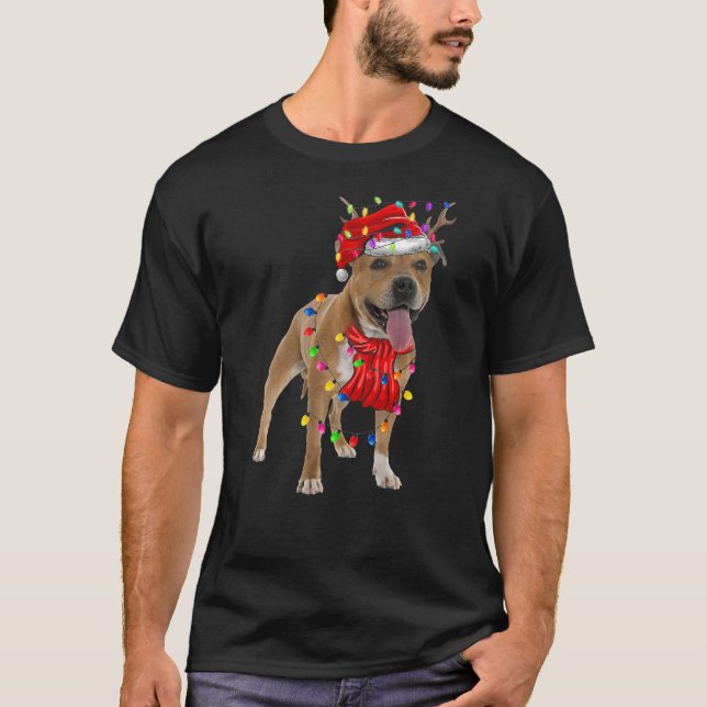 Cute Pitbull Christmas Tree Lights Dog T-Shirt (Front)