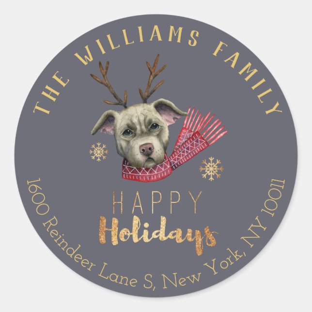 Cute Pitbull Dog Antlers Christmas Family Address Classic Round Sticker (Front)