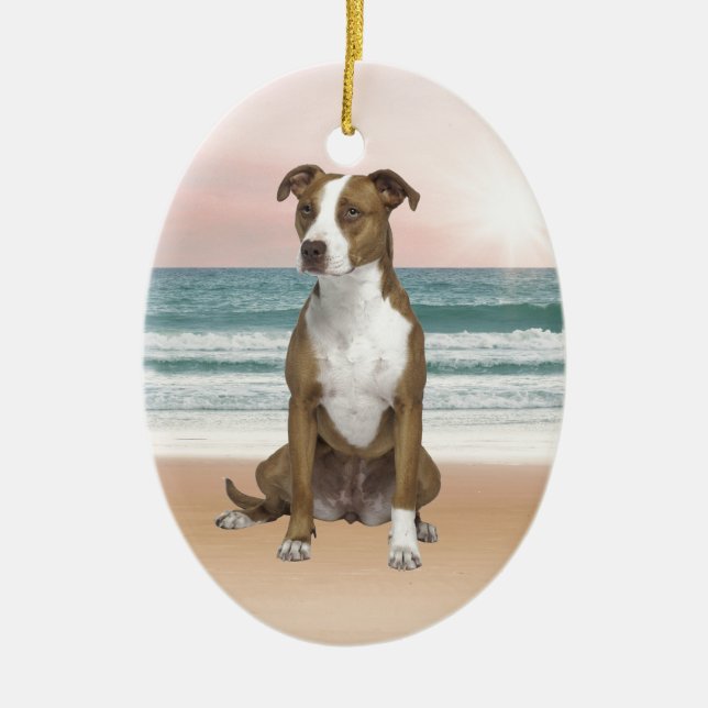 Cute Pitbull Dog Sitting on Beach with sunset Ceramic Tree Decoration (Front)