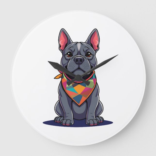 Cute Pitbull Frenchie Dog with Bandanna Art Large Clock (Front)