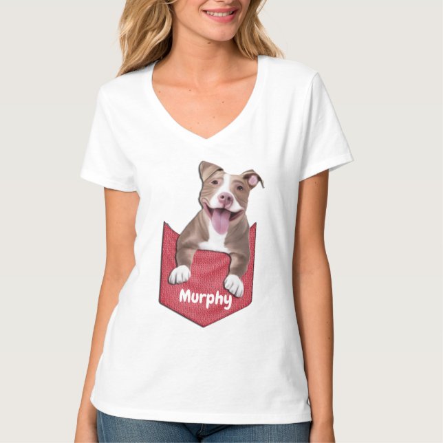 Cute Pitbull Pocket Dog T-Shirt (Front)