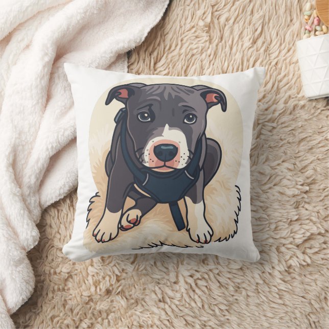 Cute Pitbull Puppy Dog Cartoon Design Cushion (Blanket)