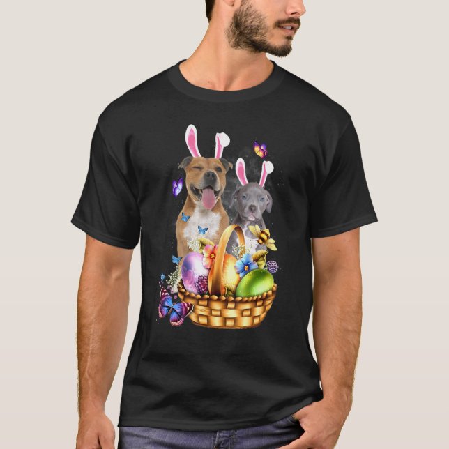 Cute Pitbull With Eggs Bee Butterfly Easter T-Shirt (Front)