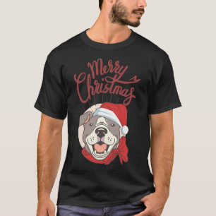 Cute Pitbull With Red Ribbon And Santa Hat Merry C T-Shirt