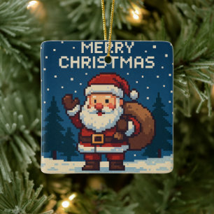 Cute pixel art merry christmas ceramic ornament