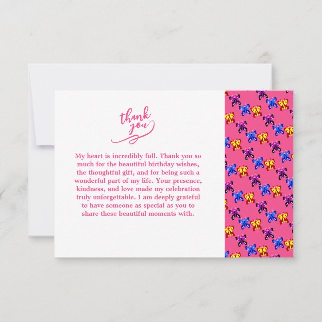 Cute Pixel Butterfly Pattern Hot Pink Background Thank You Card (Back)