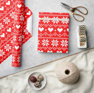 Cute Pixel Fairisle Heart Pattern Festive Red Wrapping Paper