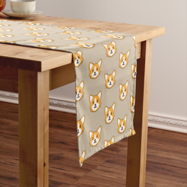 Cute pixeled dog face throw pillow long table runner (In Situ)