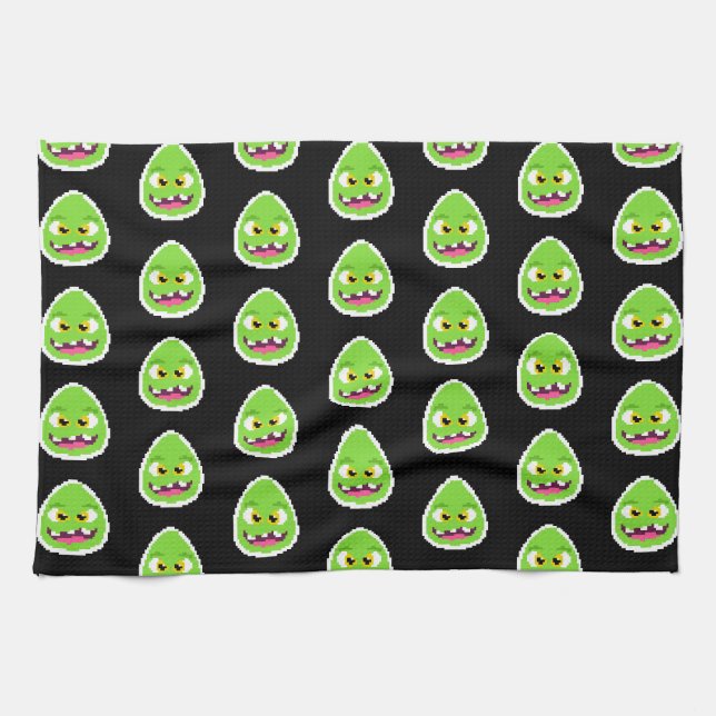 Cute pixeled egg monster tea towel (Horizontal)