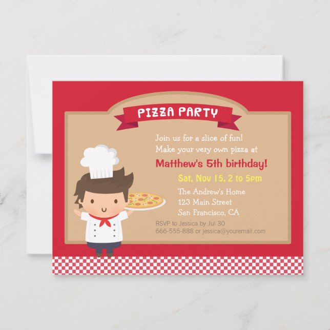 Cute Pizza Chef Boy Birthday Party Invitations (Front)