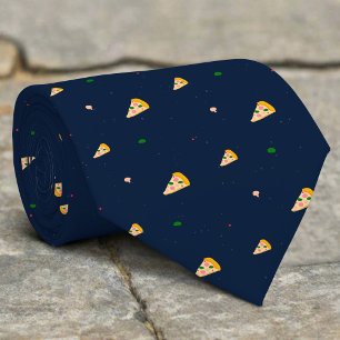 Cute Pizza Pattern Dark Blue Background Cartoon Tie