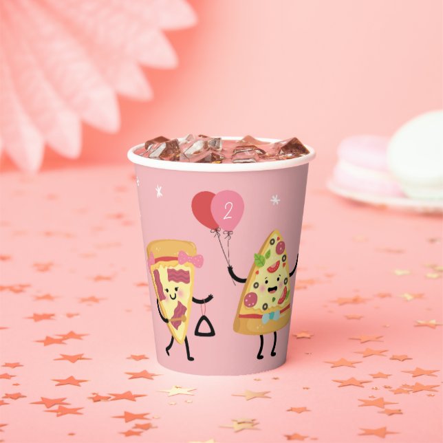 Cute Pizza Slices, Girls Pink Pizza Birthday Party Paper Cups (Insitu)