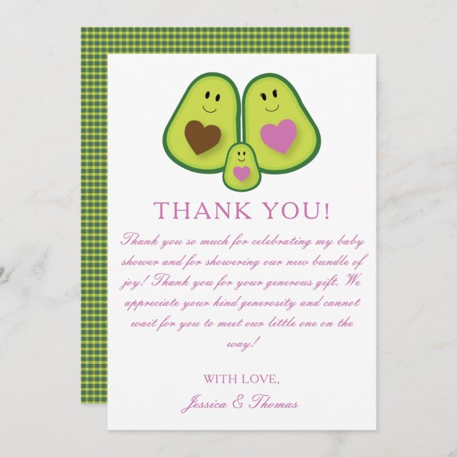 Cute Plaid Avocado Girl Baby Shower Thank You Card (Front/Back)
