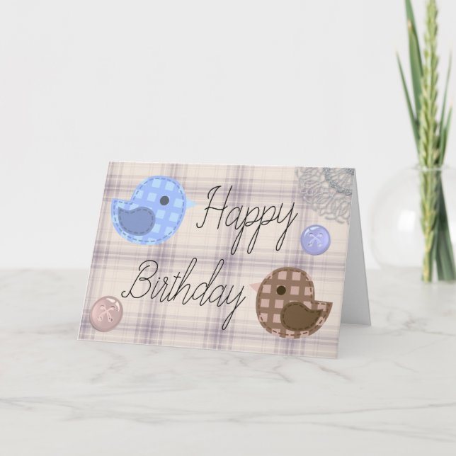 Cute Plaid Birds Country Rustic Birthday Card (Front)