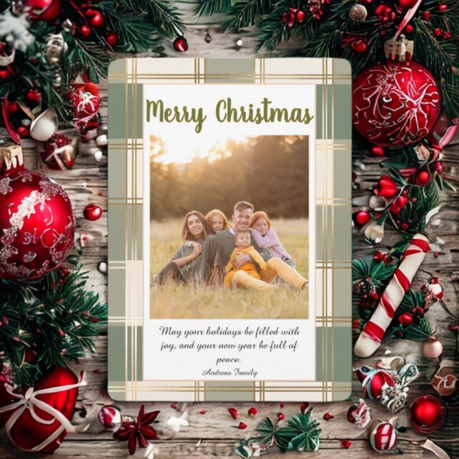 Cute Plaid Green Christmas Card with Family Photo (Creator Uploaded)