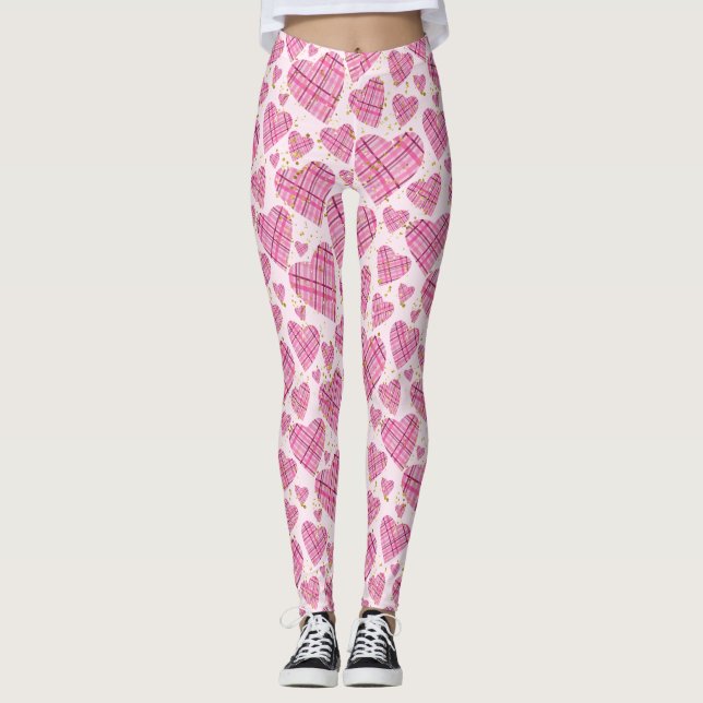 Cute Plaid Hearts Pattern with Faux Gold Glitter Leggings (Front)