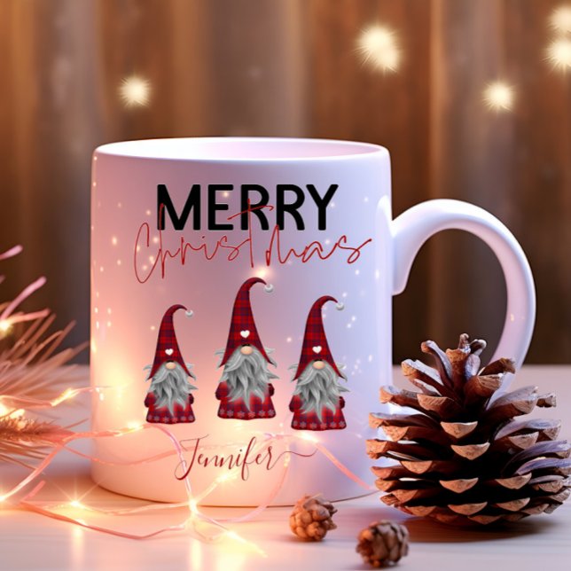 Cute Plaid Merry Christmas Gnomes with Your Name Two-Tone Coffee Mug (Creator Uploaded)