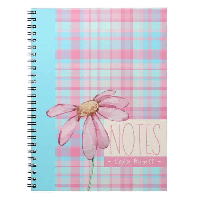 Cute plaid  pastel pink Daisy Notes Notebook  (Front)