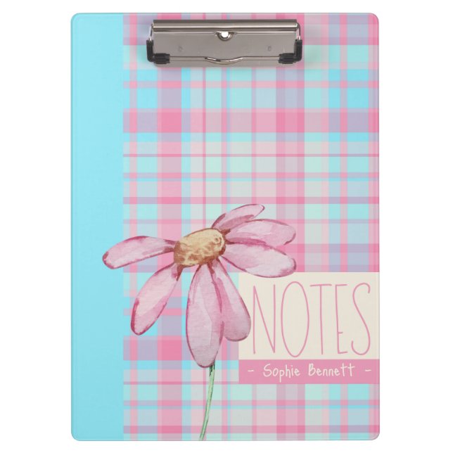 Cute plaid  pastel pink Daisy Notes Notebook  Clipboard (Front)