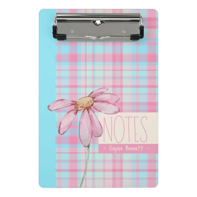 Cute plaid  pastel pink Daisy Notes Notebook  Mini Clipboard (Front)