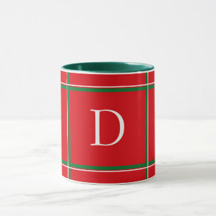Cute Plaid Red Green and White Christmas Initial Mug