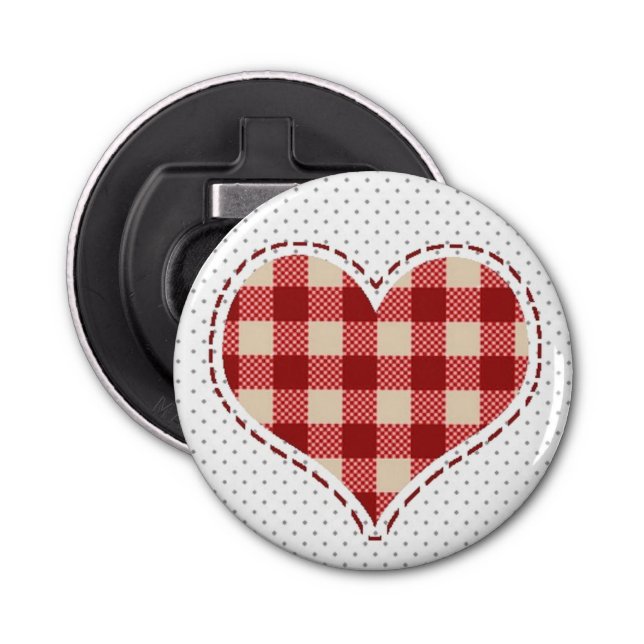 Cute Plaid Red Heart and Dots Bottle Opener (Front)