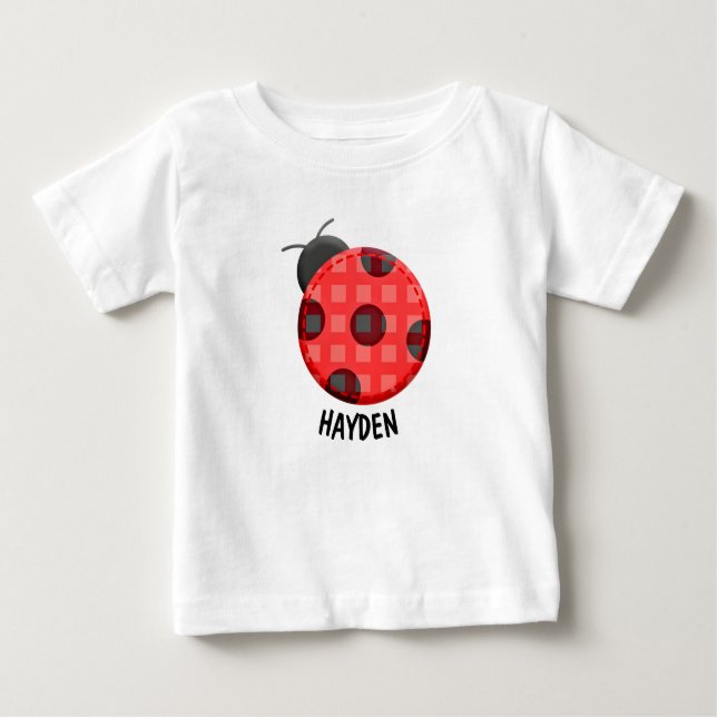 Cute Plaid Red Ladybug Personalised Baby T-Shirt (Front)