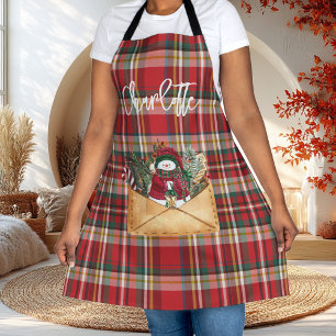 Cute Plaid Rustic Script Christmas Holidays Name Apron