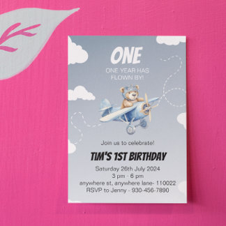 Cute Plane Bear Pilot 1st Birthday Invitation 