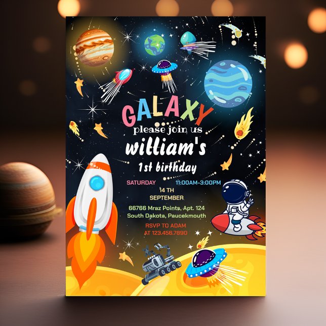 cute Planet Alien Stars Space galaxy 1st Birthday Invitation (Creator Uploaded)