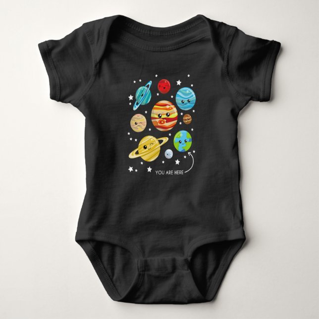 Cute Planets, Kawaii Planets, Space, Cosmos, Stars Baby Bodysuit (Front)