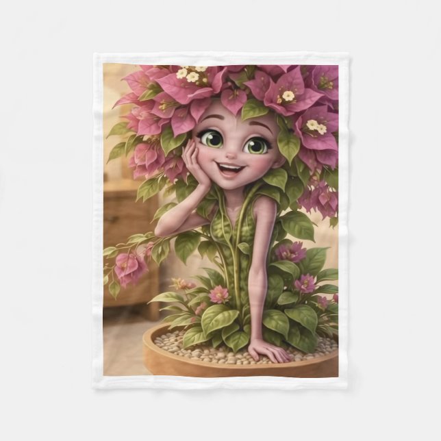Cute Plant Fairy in Pot with Pink Flowers Blanket (Front)