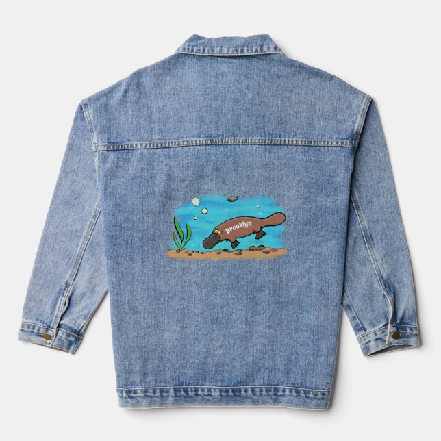 Cute platypus swimming cartoon denim jacket (Back)