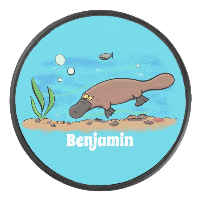 Cute platypus swimming cartoon hockey puck (Front)