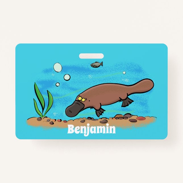 Cute platypus swimming cartoon ID badge (Front)