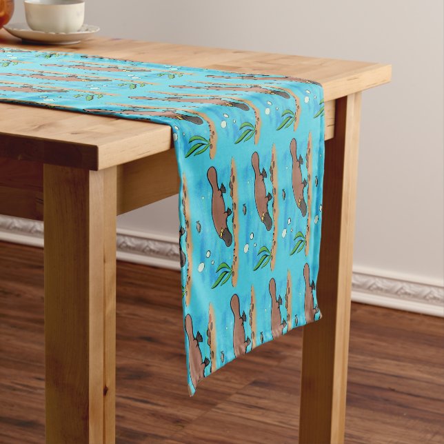 Cute platypus swimming cartoon short table runner (In Situ)