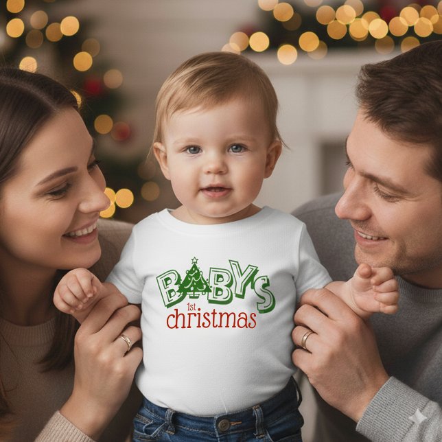 Cute Playful Baby's First Christmas Tree Baby T-Shirt (Baby's First Christmas Baby Shirt Cover Photo)