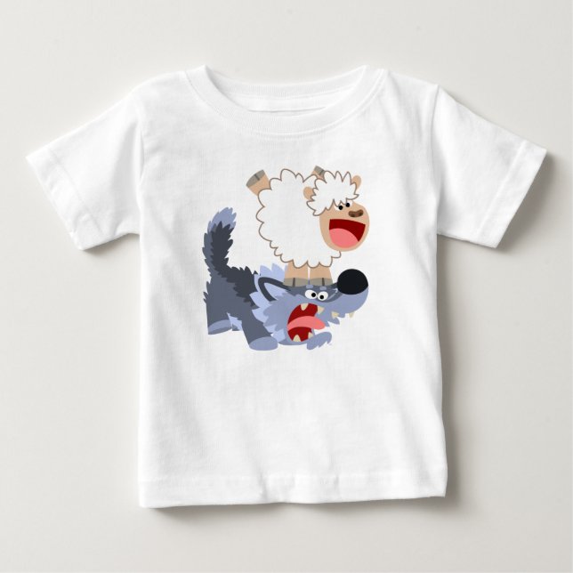 Cute Playful Cartoon Sheep and Wolf Baby T-Shirt (Front)