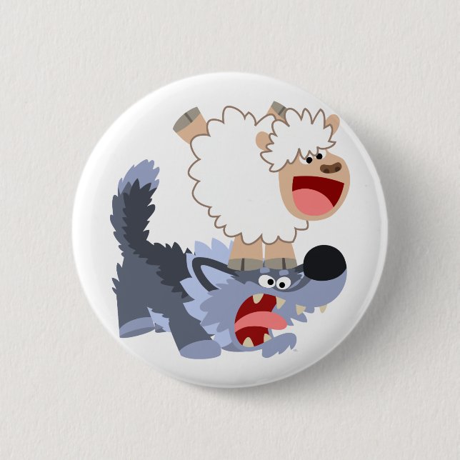 Cute Playful Cartoon Sheep and Wolf Button Badge (Front)