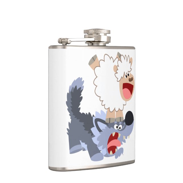 Cute Playful Cartoon Sheep and Wolf Hip Flask (Right)
