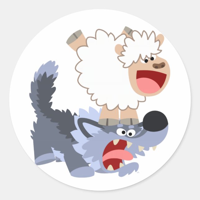 Cute Playful Cartoon Sheep and Wolf Sticker (Front)