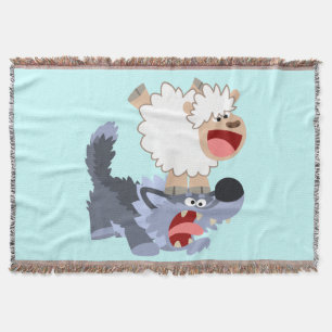 Cute Playful Cartoon Sheep and Wolf Throw Blanket