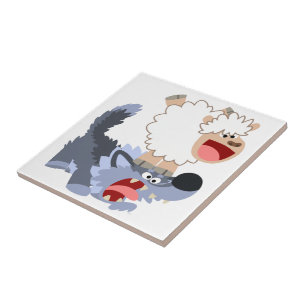 Cute Playful Cartoon Sheep and Wolf Tile