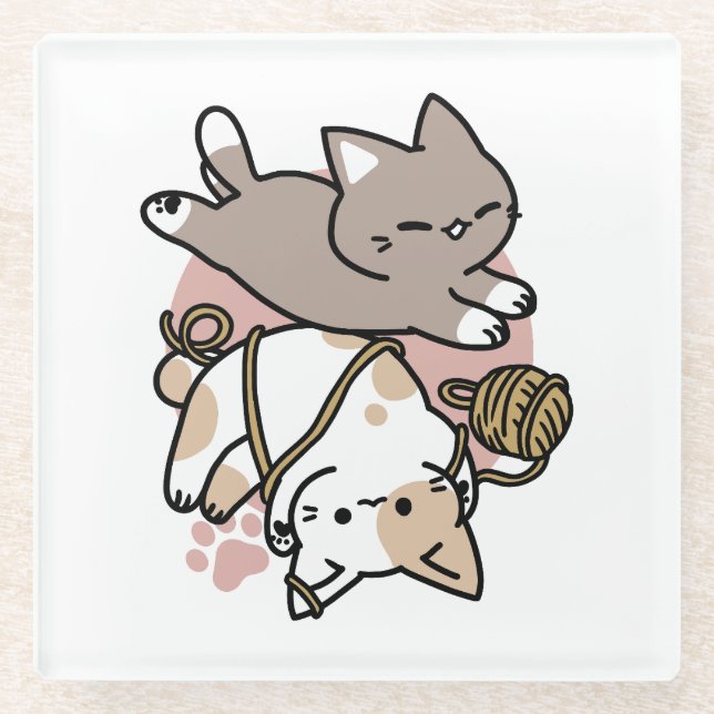 Cute Playful Cats Design – Fun Paws and Play Art Glass Coaster (Front)
